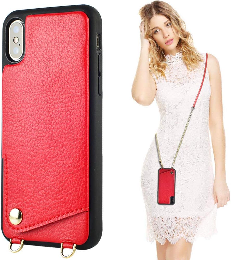 iPhone Xs Wallet Case, iPhone Xs Crossbody Case, JLFCH iPhone X Case with Card Slot Holder Crossbody Chain/Shouder Strap Purse Handbag Case for Apple iPhone X/XS 5.8 inch - Red