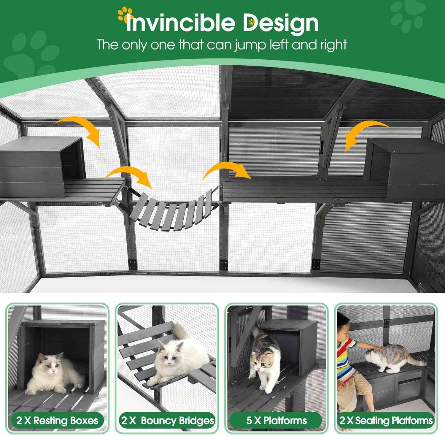 Outdoor Cat Enclosure Large Catio with Sturdy Wood Frame, UV Protection, Multiple Platforms, Safety Lock, Resting Boxes, and Bouncy Bridges for Cats - Ideal for Outdoor Playtime, Gray