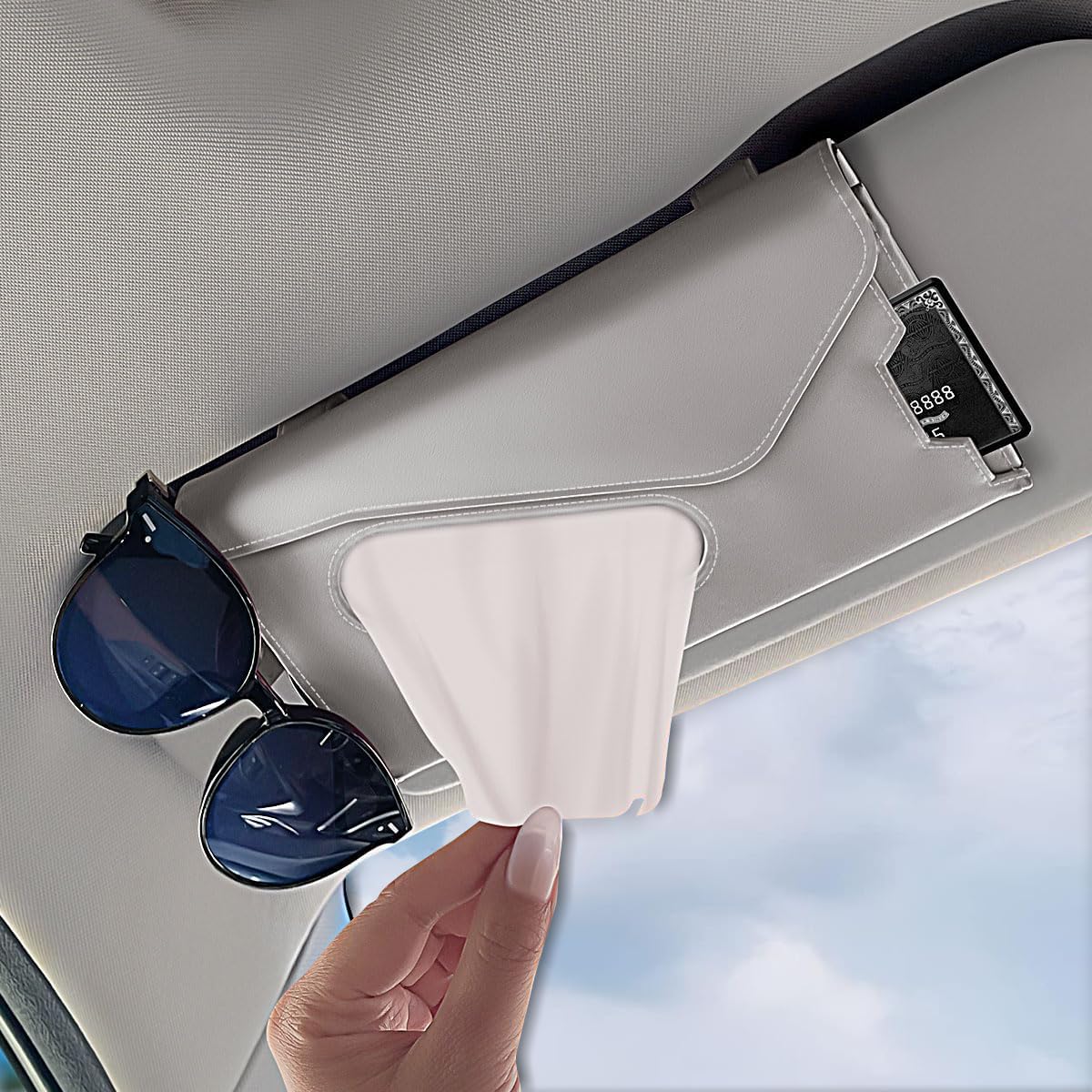 Angju Multifunctional Car Tissue Holder Leather Tissue Holder for Car Kleenex Napkin Holder Car Tissue Dispenser Sunglasses Holder and Ticket Card Clip Interior Accessories for Women and Man
