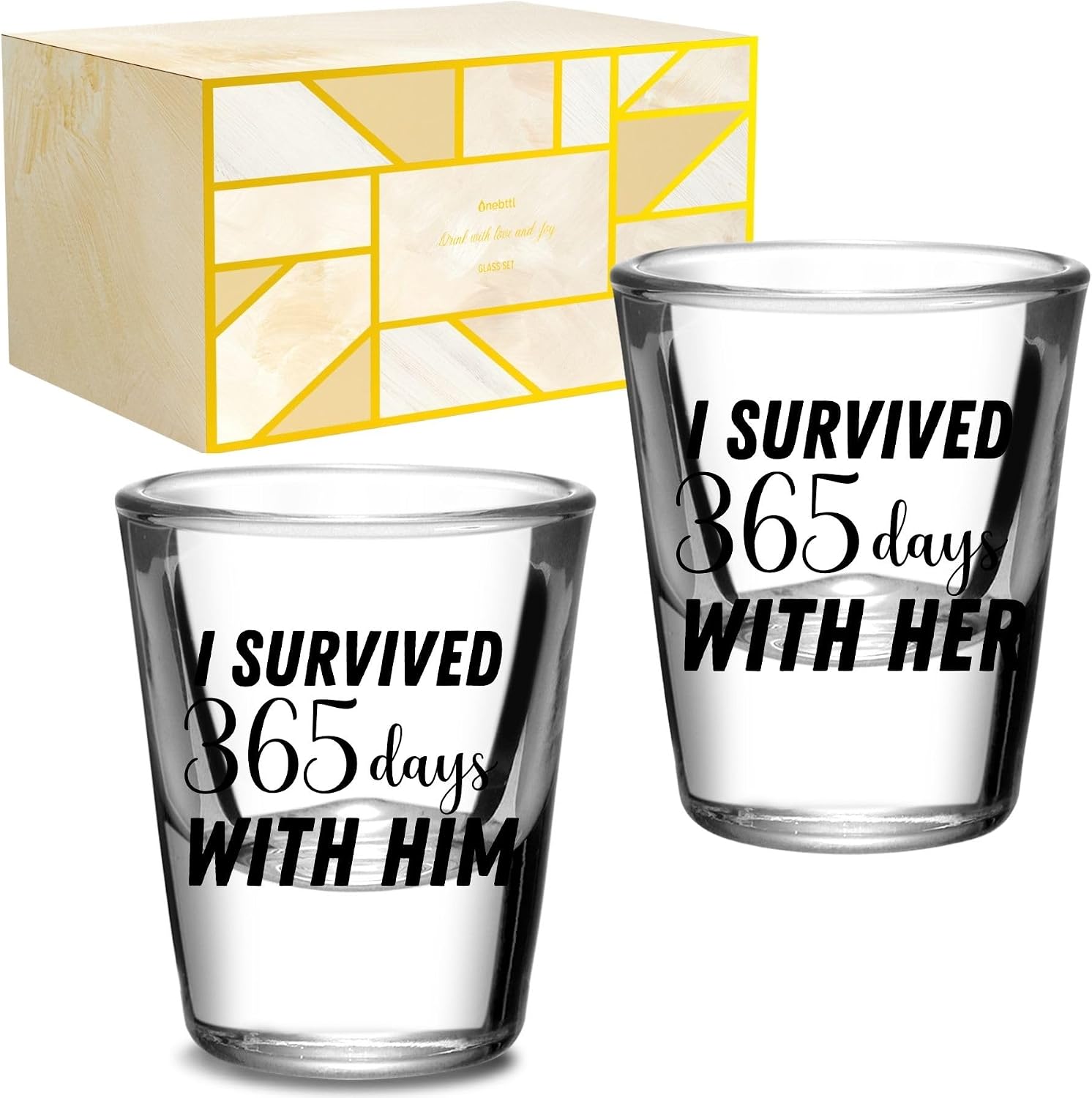 Onebttl Anniversary Cups for Couples, 1 Year Anniversary Funny Gifts for Boyfriend Girlfriend, 1.5 oz (45 ml) Shot Glasses Set of 2 - I Survived 365 Days with Him/Her
