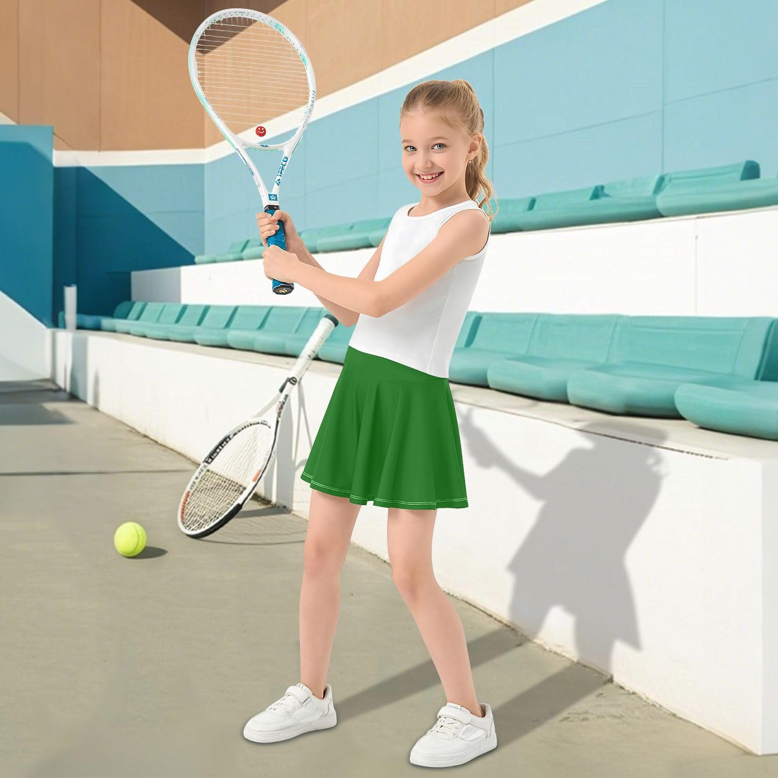 Yuiboo Dunkelgrüner Mädchen-Tennisrock mit Shorts, aktiver Skort für kleine Mädchen, Sportröcke für Kinder