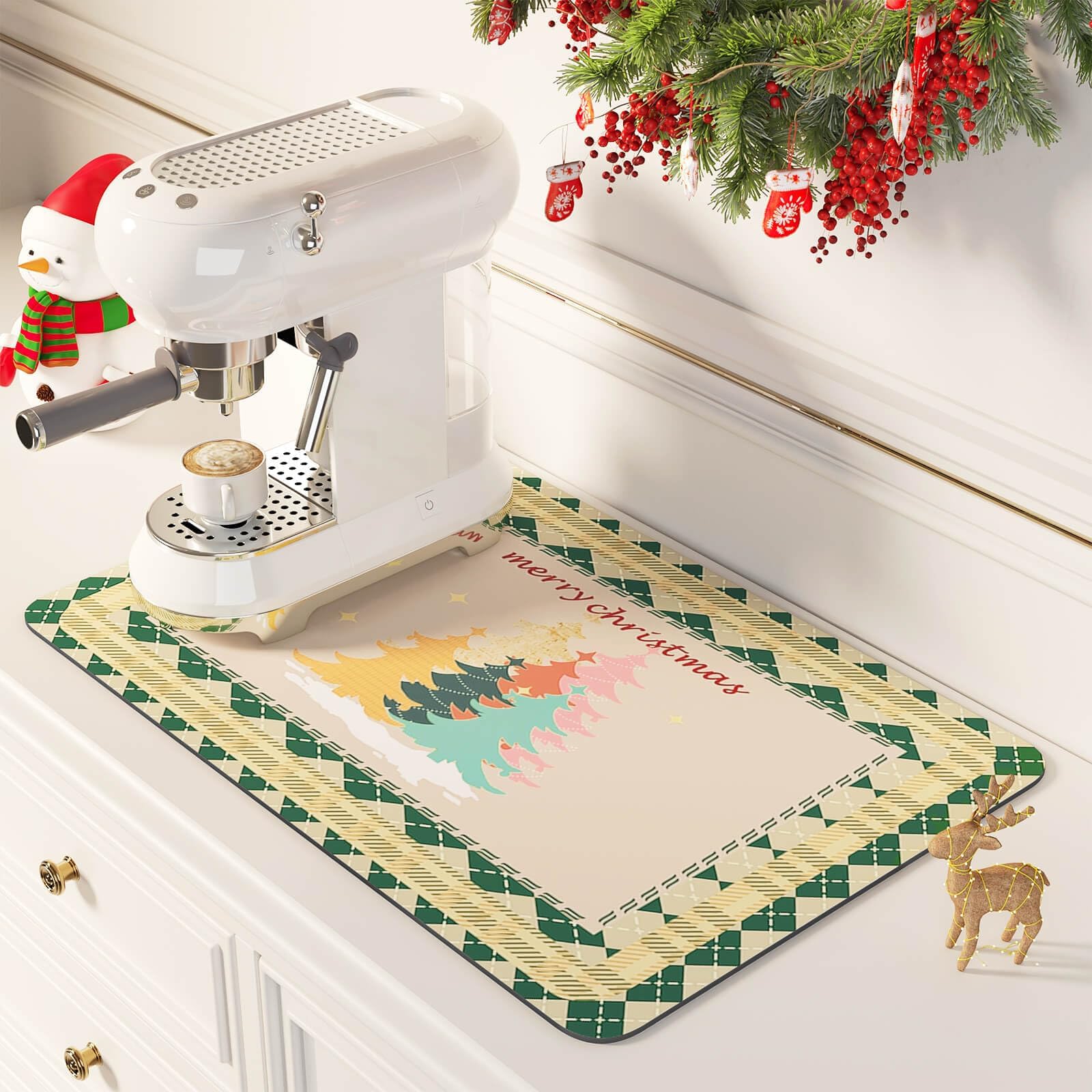 DK177 Coffee Mat - Dish Drying Mat for Kitchen Counter, Hide Stain, Absorbent with Waterproof Rubber Backing, Fit Kitchen Dish Rack Bar Accessories (Christmas Green, 19" x 12")