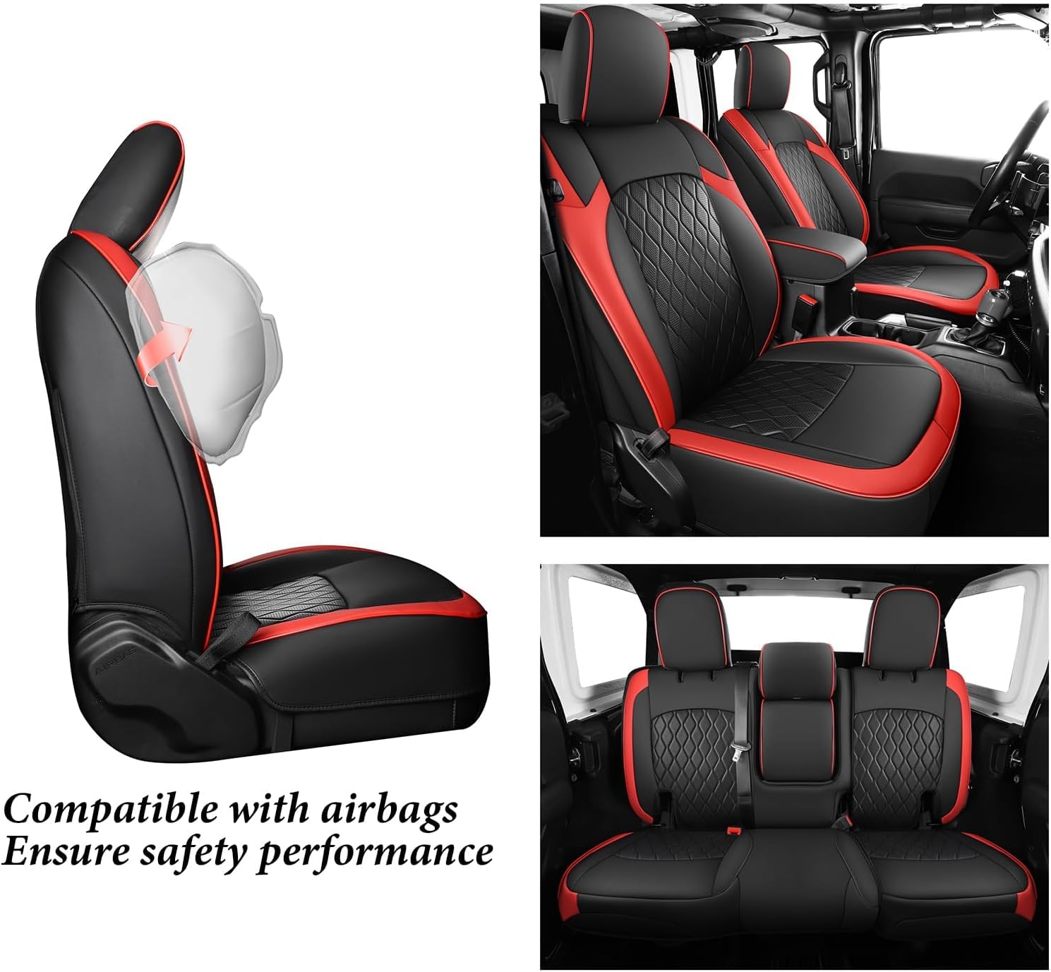 Coverado Seat Covers Fullset for Jeep Wrangler, Waterproof Car Seat Covers for Automotive Truck Seat Covers Custom Fit for 2018-2024 Jeep Wrangler JL 4-Door with Rear Cupholder Only（Red）