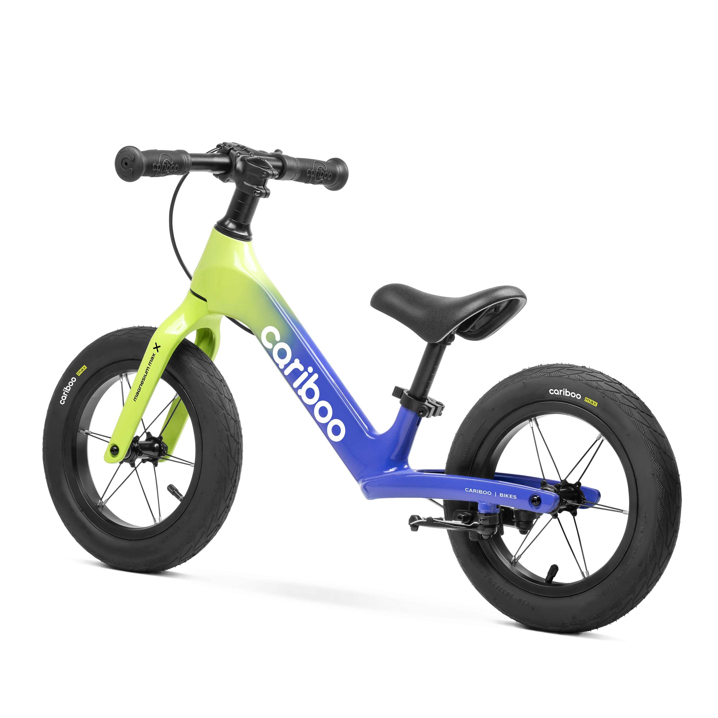 Cariboo Draisienne pour Enfants dès 2 Ans - Ultralégère 3,6 kg - Selle et Guidon Réglables - Cadre en Magnésium, Frein V-Brake - Charge Jusqu’à 30 kg - Magnesium Max Jaune Citron-Bleu