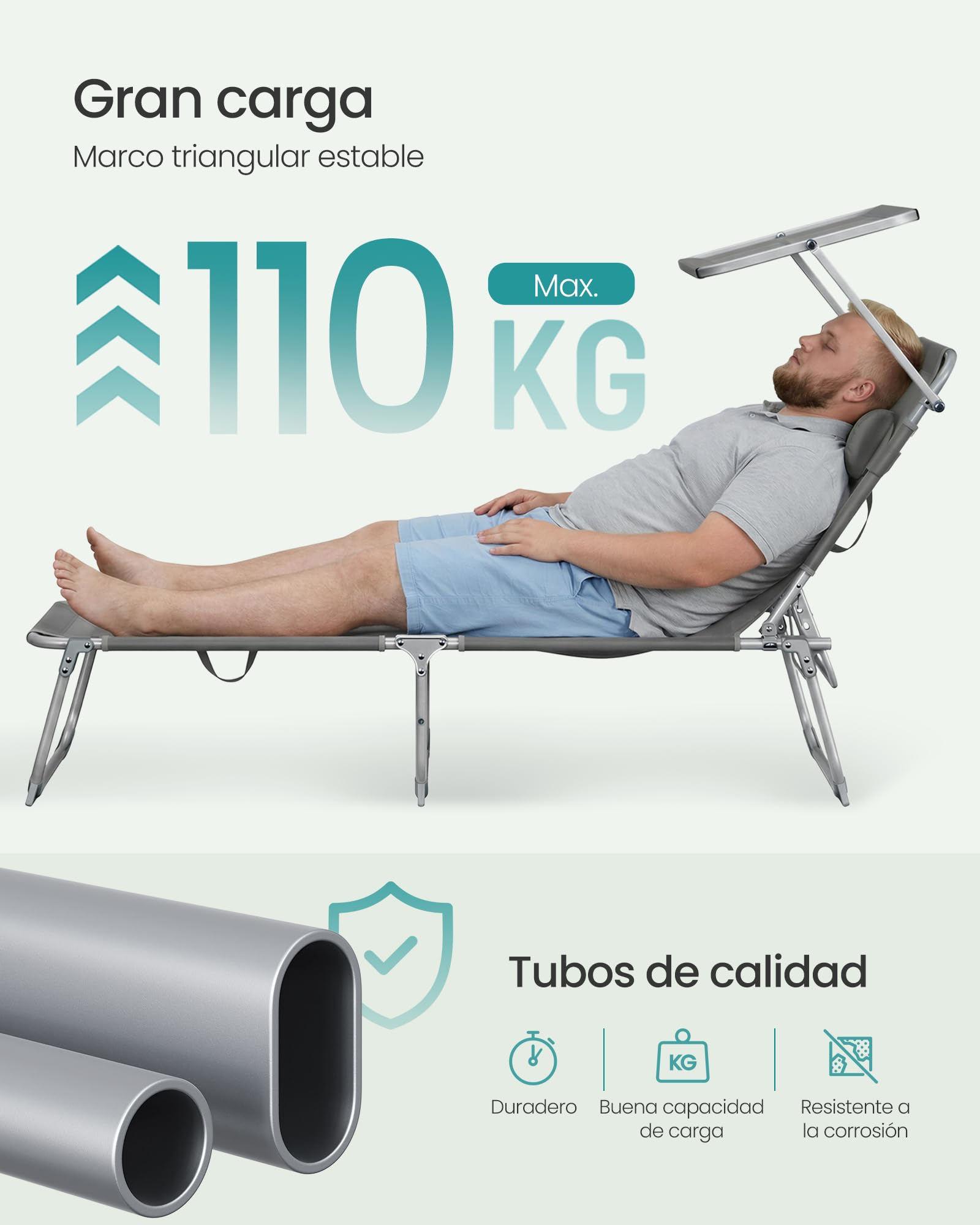 SONGMICS Tumbonas Plegables, 189 x 53 x 28,5 cm, Juego de 2 Tumbonas para Jardín, con Cojines, Cada Una con Carga 110 kg, con Parasol y Respaldo Ajustables, para Terraza y Balcón, Gris GCB292GZ02