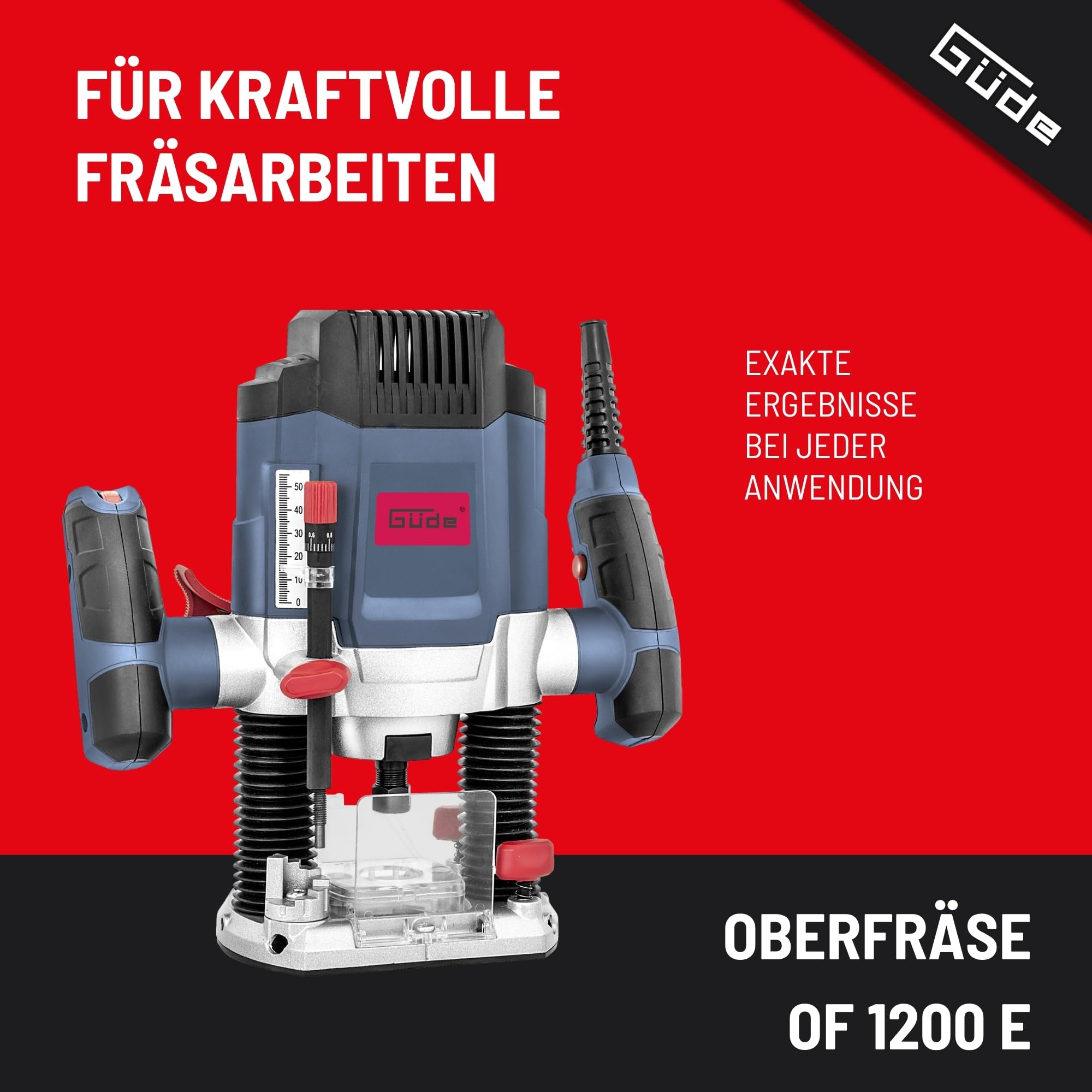 Güde 58117 Oberfräse OF 1200 E (1200 W, Hubhöhe: 55 mm, 7-fach einstellbarer Tiefenanschlag, Spannzangenaufnahme: 6 + 8 mm, 2-Säulen Führung, stufenlose Drehzahlregulierung, inkl. 6 Fräsaufsätze uvm.)