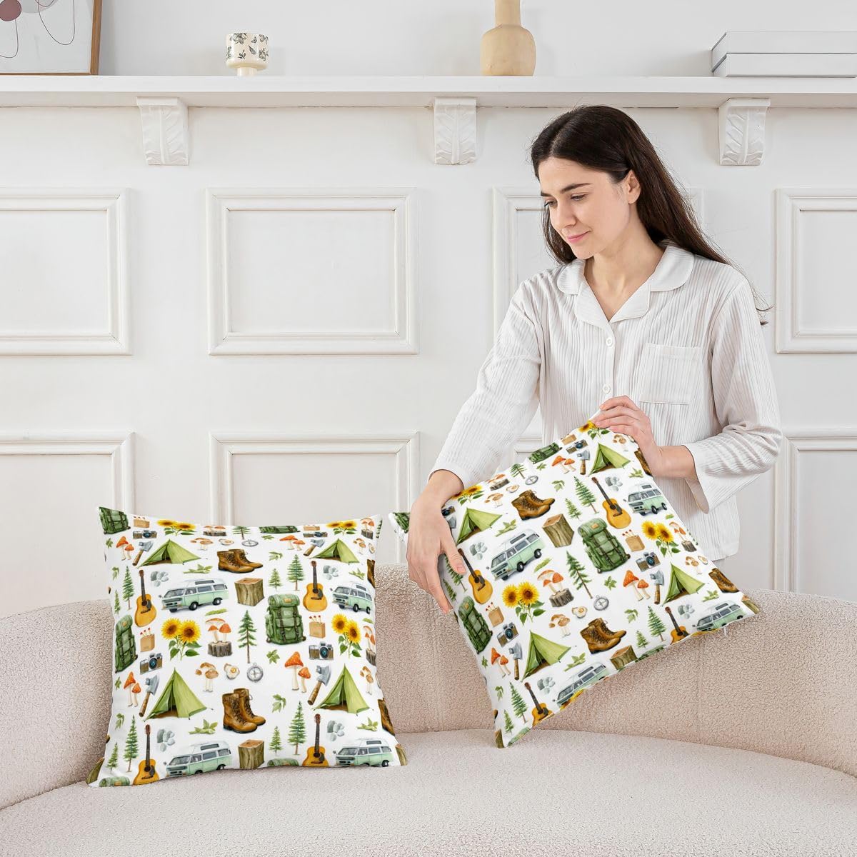 Erosebridal Camping Throw Pillow Covers 18x18 Set of 2 for Adults - Retro RV Camper Tent Cushion Cover Sunflowers Mushroom Throw Pillow Case for Couch Camping Accessories Wild Adventure Home Decor image 3