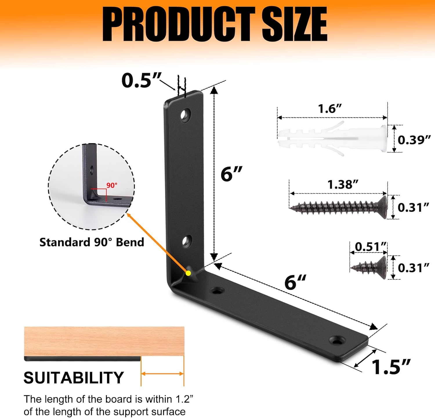 Black Steel & Aluminum Floating L Shelf Brackets, Heavy Duty 160 lb Load Capacity, 90 Angle, 6x6 Inch, 8 Pack, Wall Mount