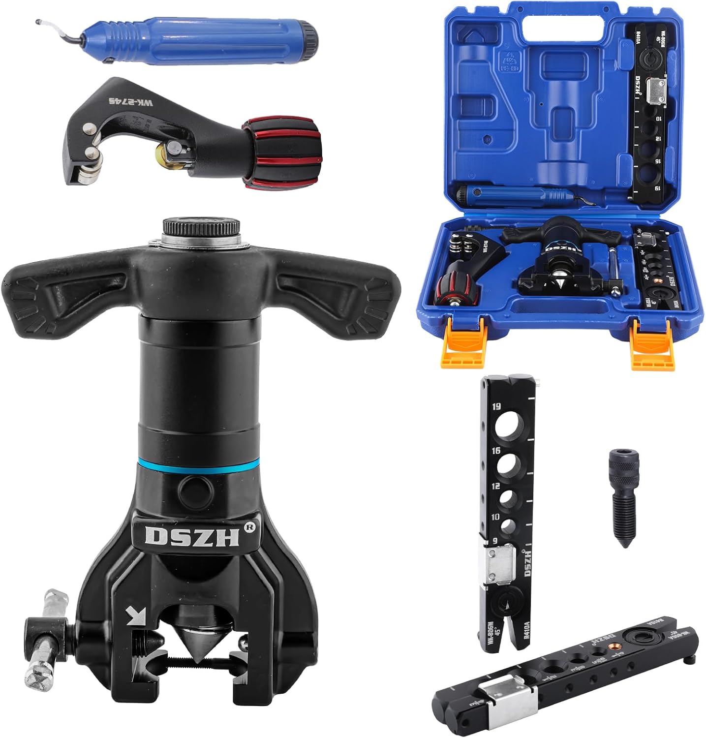Flaring Tool Kit for 1/4”- 3/4” and 6-19mm HVAC Single Flare Tool, 45° Eccentric Tube Flaring Tool with Pipe Cutter for Copper Aluminum Pipe and Deburring Tool - 5 in 1 Kit