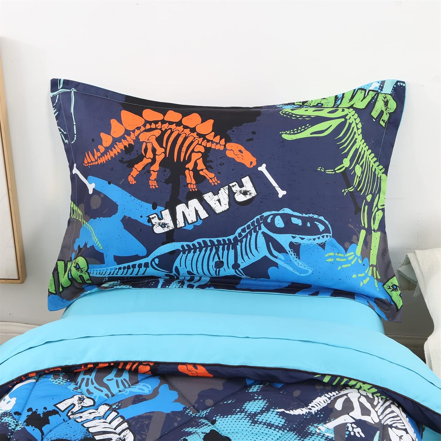 Wowelife Dinosaur Toddler Bedding Sets for Boys, Premium 4 Piece Dinosaur Skeleton Toddler Bed Set Blue, Super Soft and Comfortable for Toddler
