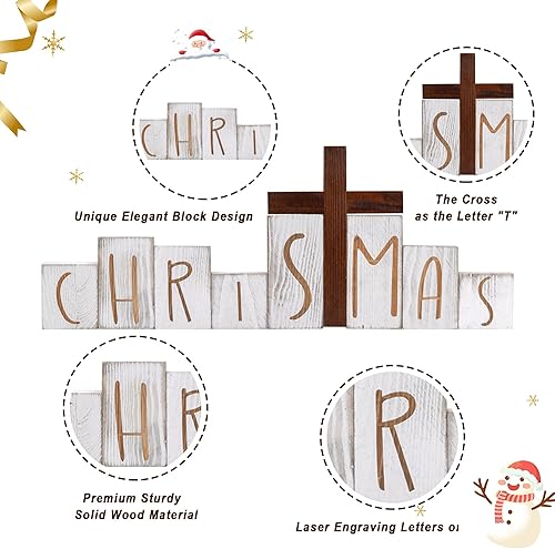 Miniatura 5 de Decoración navideña de granja, juego de bloques de Navidad con cruz, letreros de madera de pesebre primitivo, bloques rústicos desgastados