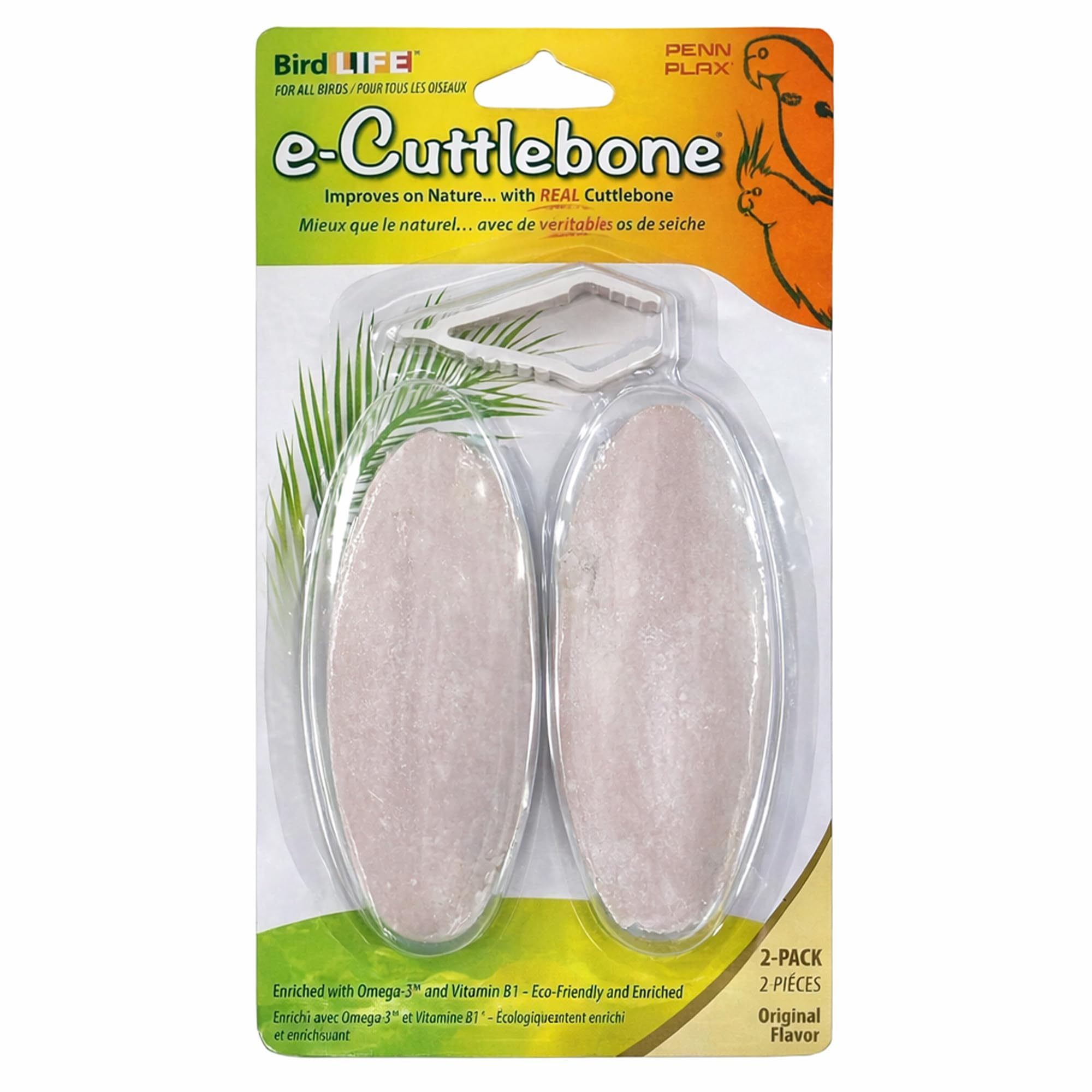 Penn-Plax Bird-Life E-Cuttlebone Original, 1 Pk (2 Counts) - Durable, Less Brittle Cuttlebones Enriched with Omega 3, Honey &amp; Vitamin B1 - Easy Mounting, Cage Clip - Great for All Bird Sizes - White