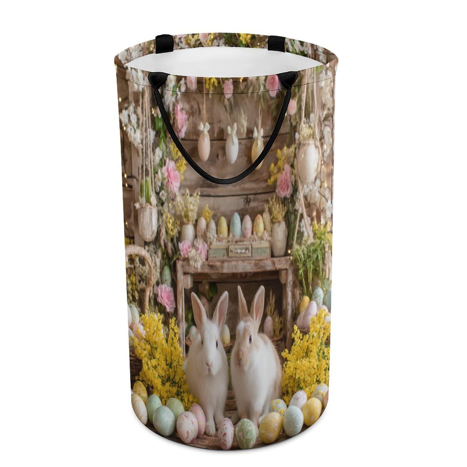 LUYYSKY Cute Watercolor Animals Rabbits Collapsible Dirty Clothes Basket, Rustic Beautiful Spring Easter Colorful Eggs Animals Bunny Portable Clothes Storage Basket