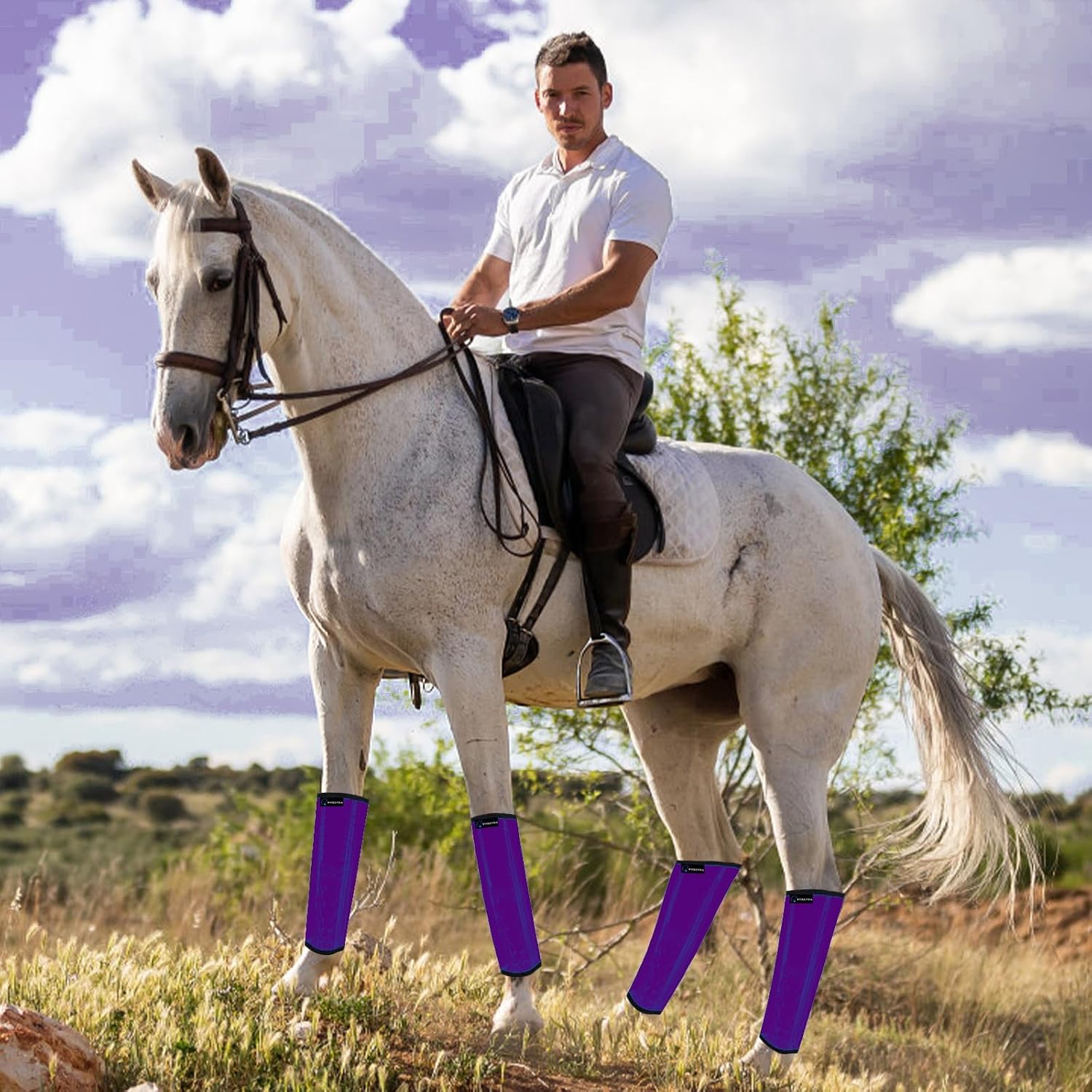 FOXLVDA Horse Fly Boots - Fly Boots for Horses Set of 4, Comfortable Horse Leggings, Mesh Material Design with Metal Support Bars for Reduces Stomping & Leg Fatigue (4, Purple, Medium)
