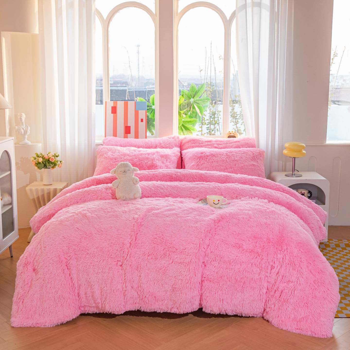 Amazon.com: chovy Faux Fur Plush Pink Comforter Sets Full/Queen
