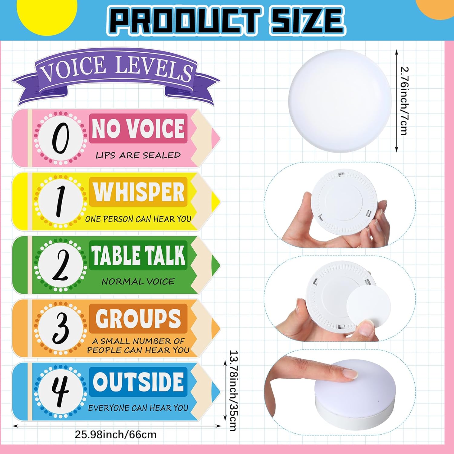 Glooglitter 5 Pcs School Push Light and Voice Level Poster Sticker LED Tap Light Battery Operated Voice Chart Button Lights Noise Level Monitor Rules Sign for Classroom Teachers(Volume Pencils)