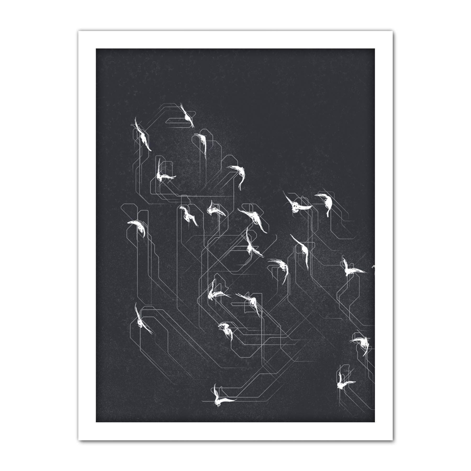Wee Blue Coo Flock of Birds Silhouette Lines Artwork Framed Wall Art Print 18X24 Inch