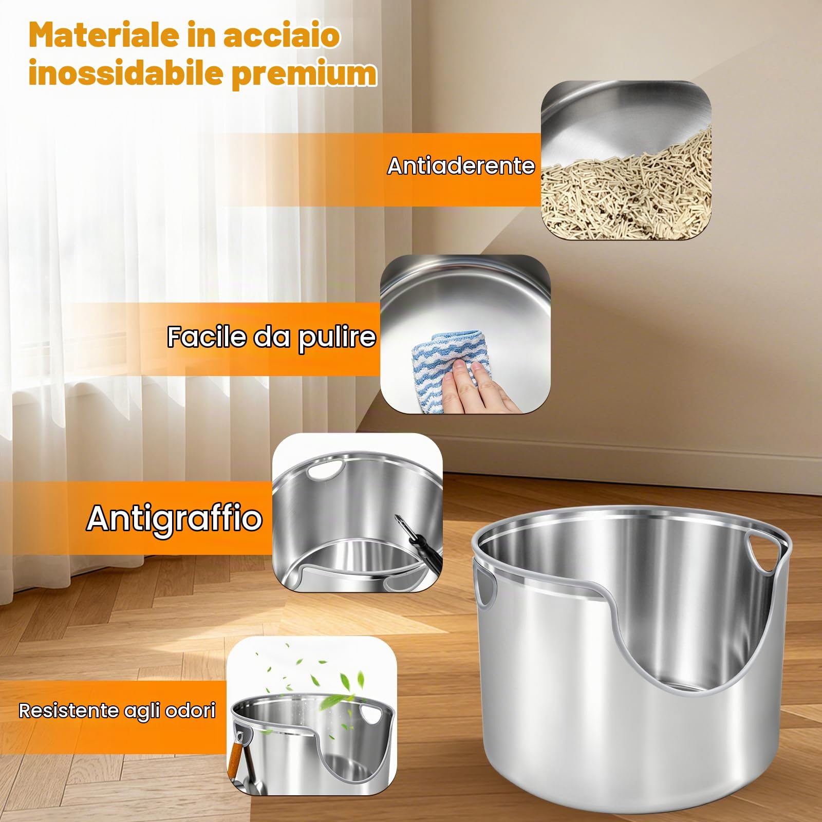Homegroove Lettiera rotonda in acciaio inossidabile, 45 x 30,5 cm, con bordi alti, in metallo, per gatti di grandi dimensioni, anti-perdite e facile da pulire, con paletta in metallo (acciaio