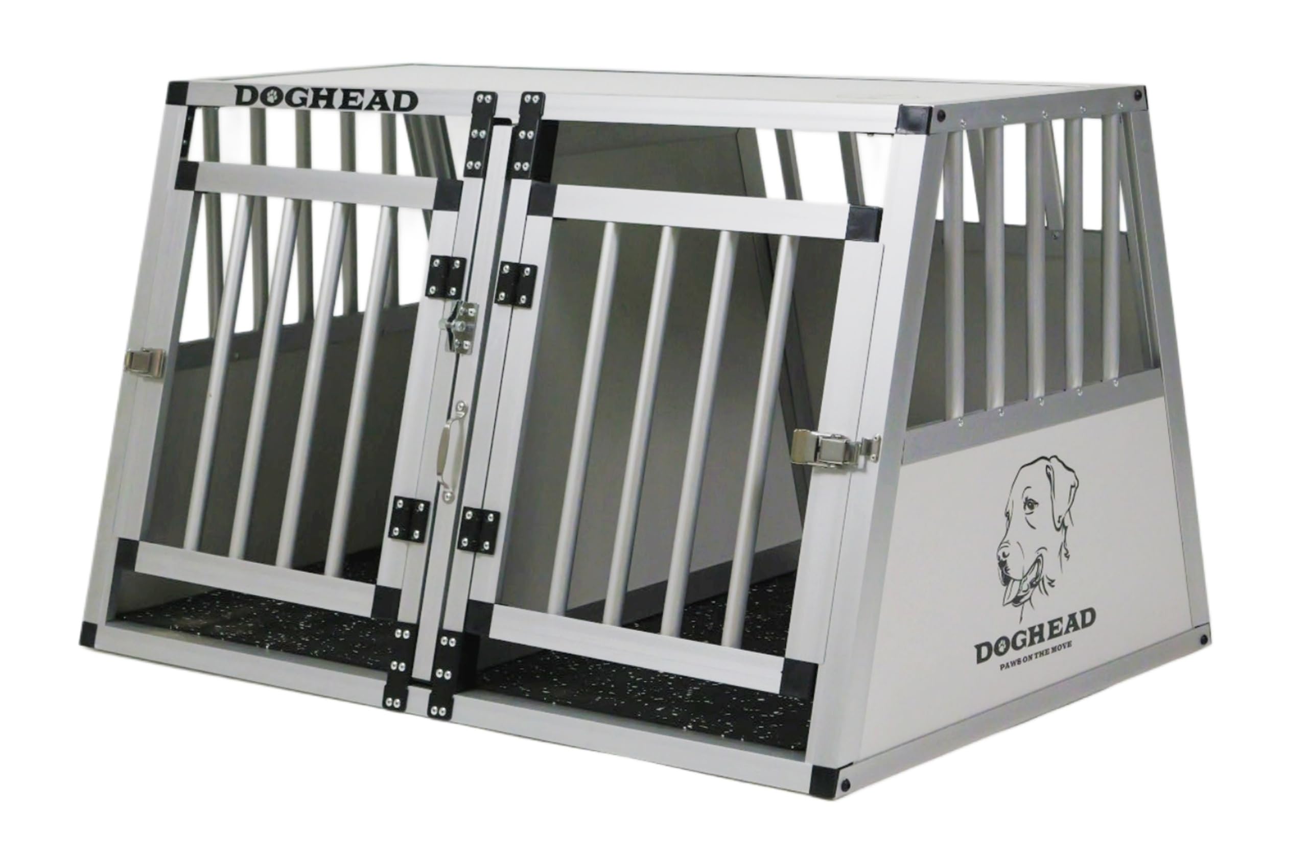 DOGHEAD Hundetransportbox Comfort, Double 90x65x55 cm EG, Grau/Silber, Aluminium, Vorne und hinten 75° Grad Winkel, Trennwand mit Griff