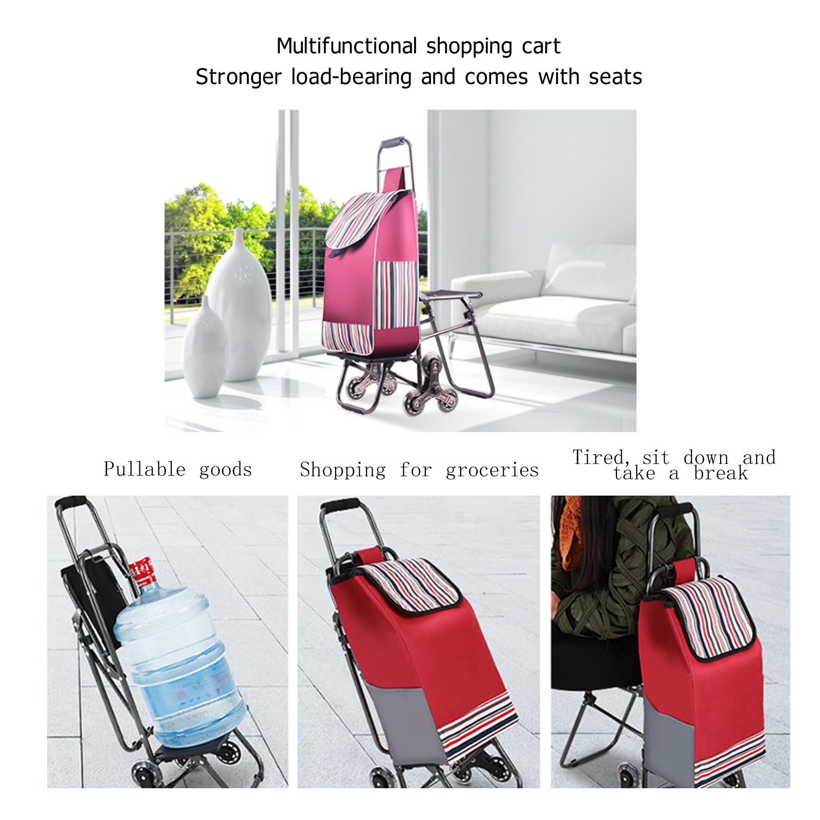 Carrello per la spesa pieghevole con sedile e copertura impermeabile, con 6 ruote in gomma, pieghevole e portatile
