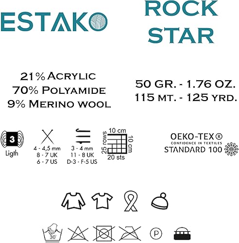 Miniatura 2 de Estako Rock Star (paquete de 2 madejas) 9% lana merina, 70% poliamida, 21% acrílico ligero, hilo de ganchillo ligero DK (2 x 1.76 onzas) (2 x 125