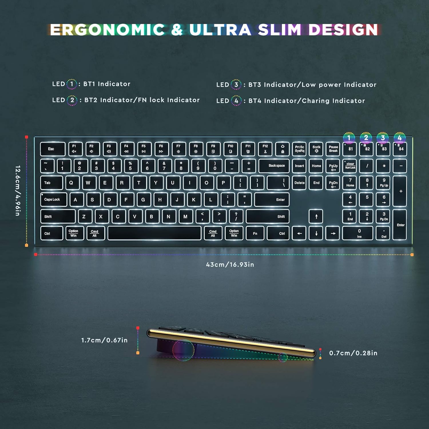 Backlit Wireless Keyboard,seenda Multi-Device Ultra Slim Rechargeable Wireless Keyboard with 7-Colors Backlit for Mac OS/iOS/Windows/PC/Laptop/Android,Bluetooth 5.1,Full-Size, Space Gray : Electronics