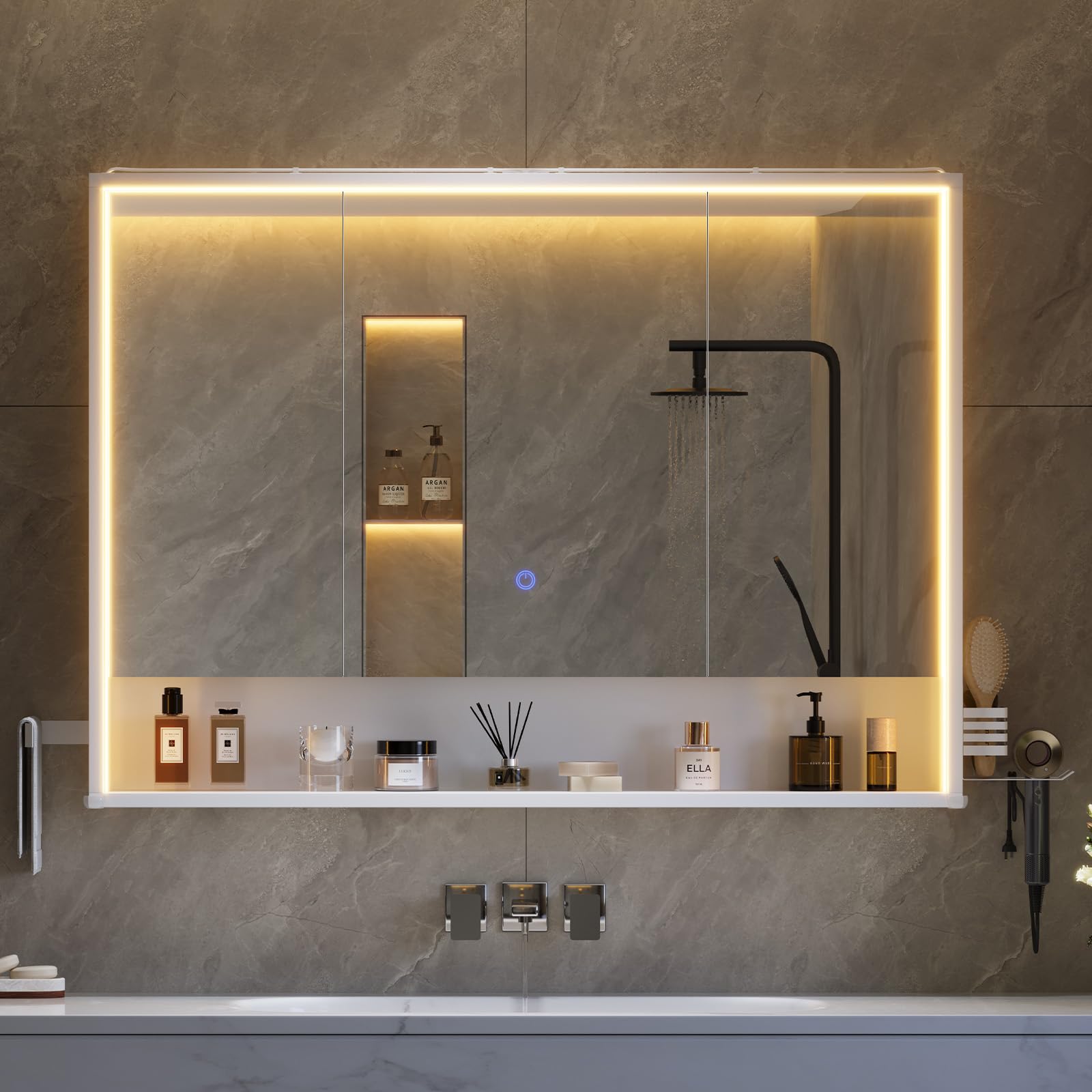 Specchio Bagno Contenitore 100Lx78Hx18P cm – Luce LED Incassata su 3 Lati, Design a 360° per Visione Totale, Touch 3 Luci, Prese, Porta Asciugacapelli e Asciugamani