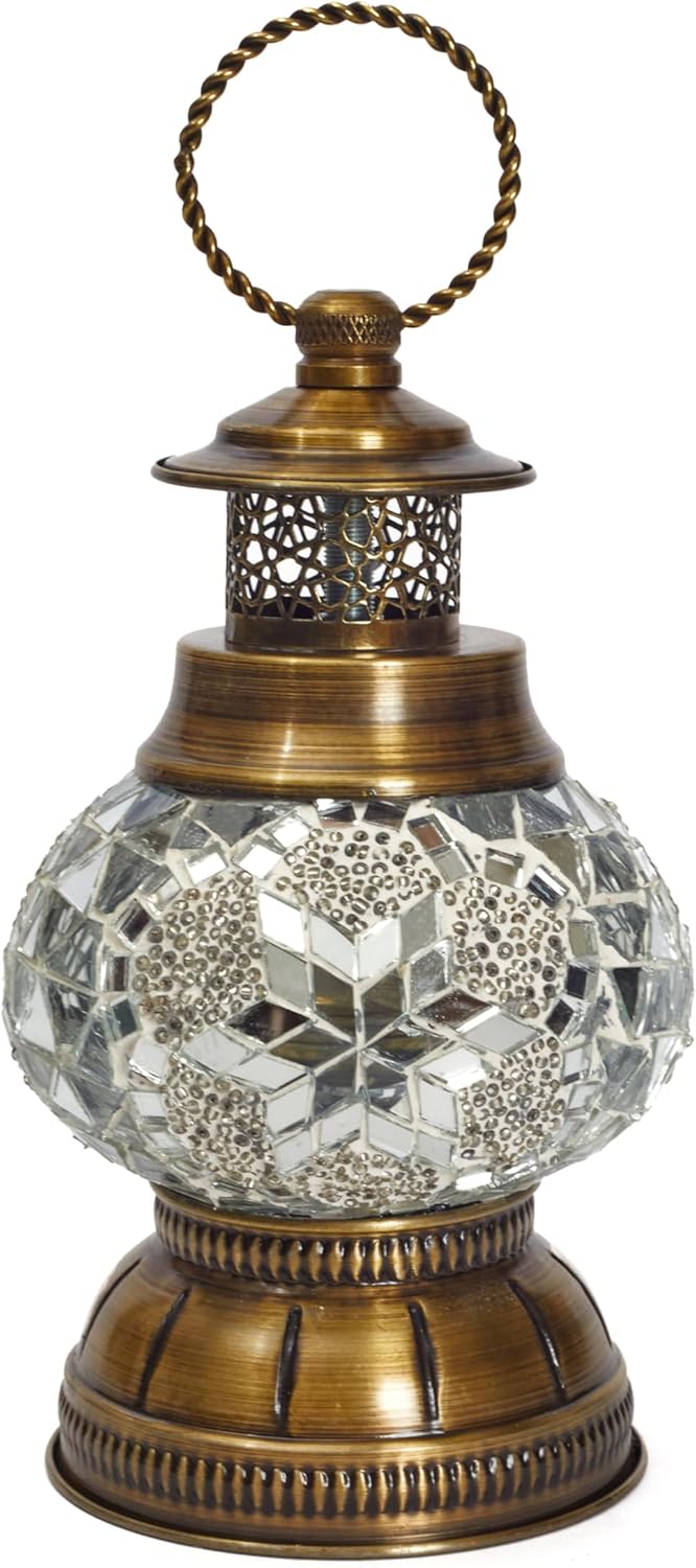 Portable Turkish Mosaic Lamp – Handmade Tiffany-Style Glass Light with Bronze Base and LED Bulb – Battery Powered Bedside Decor Lamp (White Star Pattern) – Globe Size 6.5"