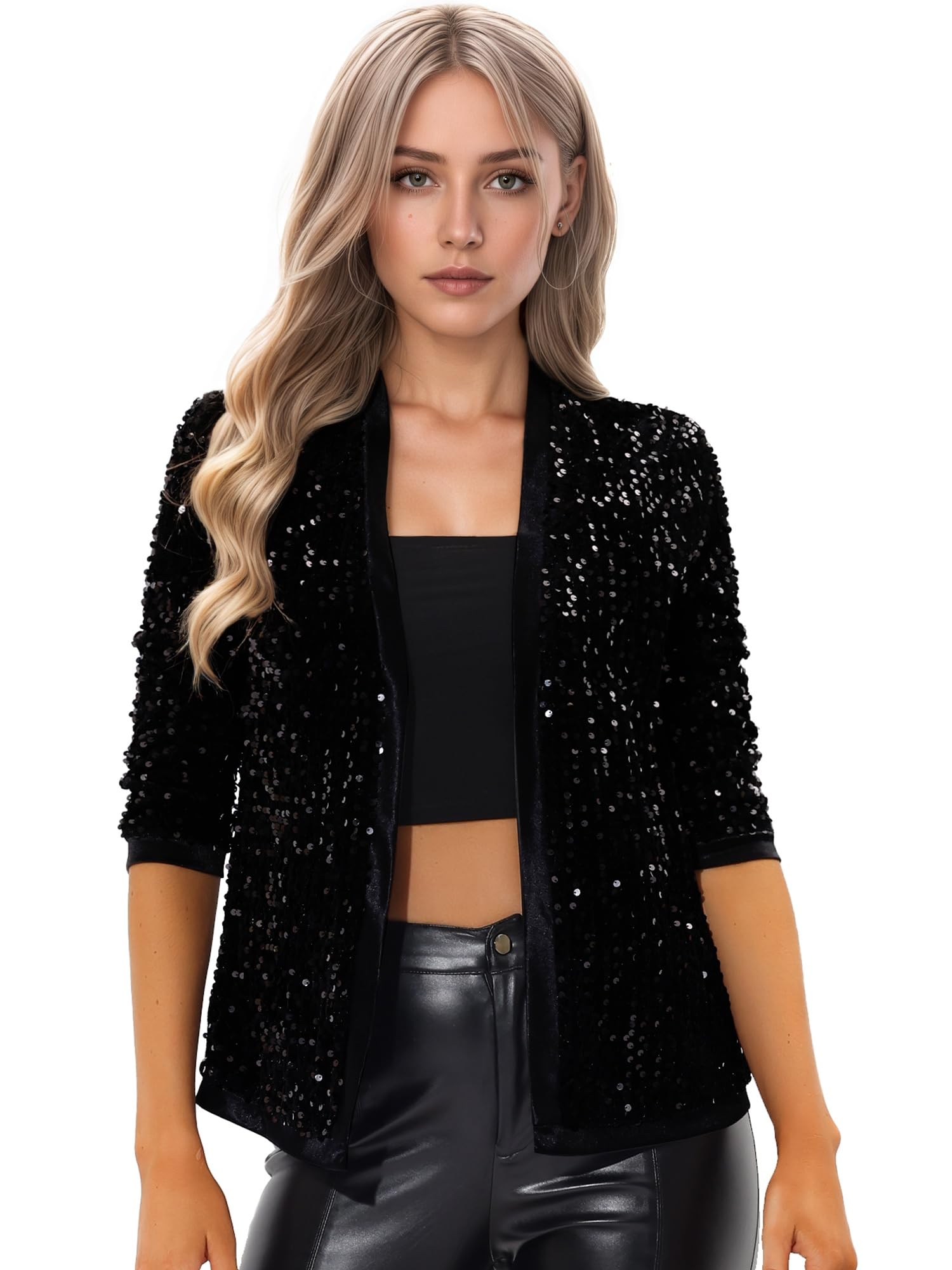 Allegra K Women's Sequin Cardigan 3/4 Sleeve Open Front Velvet Sparkle Jacket Party Glitter Blazer