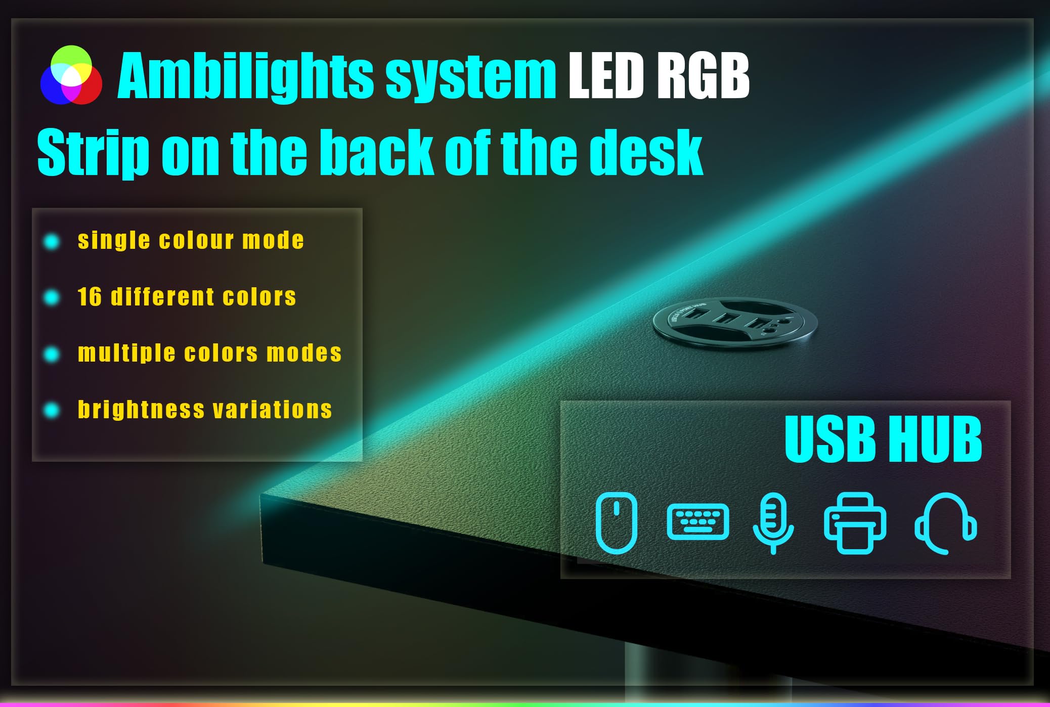 Syberdesk V2 PRO Scrivania Angolare Da Gaming A L Con LED RGB - 197x132 Cm, Hub USB, Gestione Cavi, Nero