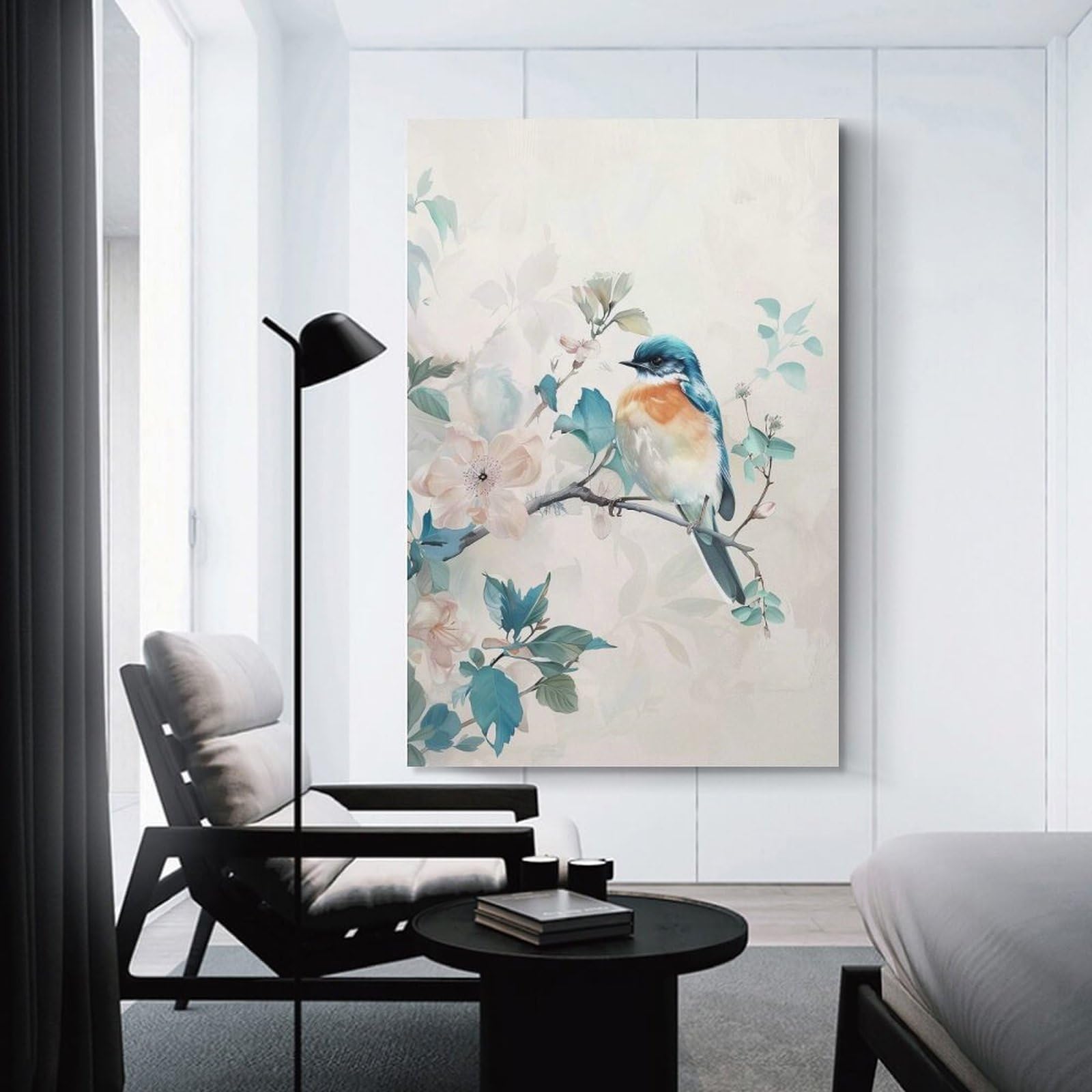 Junmoney Unframe-Style-11 Bluebird On Branch With Flowers Canvas Wall Decor, 20X30inch(50X75cm), For Small Homes, Bedrooms Or Open Spaces, Home Artwork For Modern Interiors
