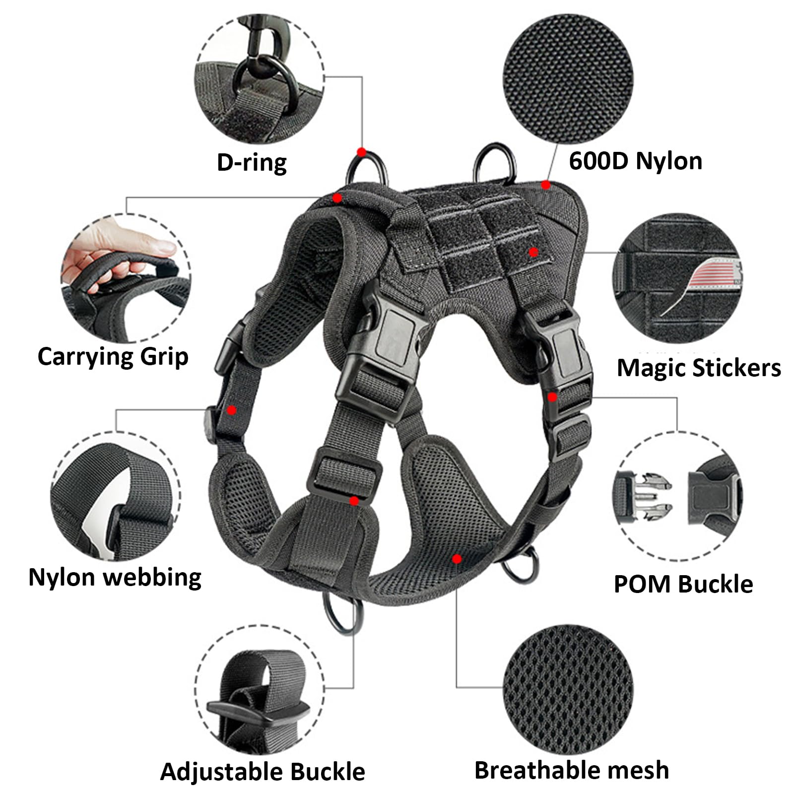 Arnes Perro Antitirones, Arnes Perro Mediano Grande Transpirable, Arnes Táctico Perro Ajustable con Asa Anillos Y Molle, Chaleco Durable para Adiestrar Caminar Cazar,Negro,Medium
