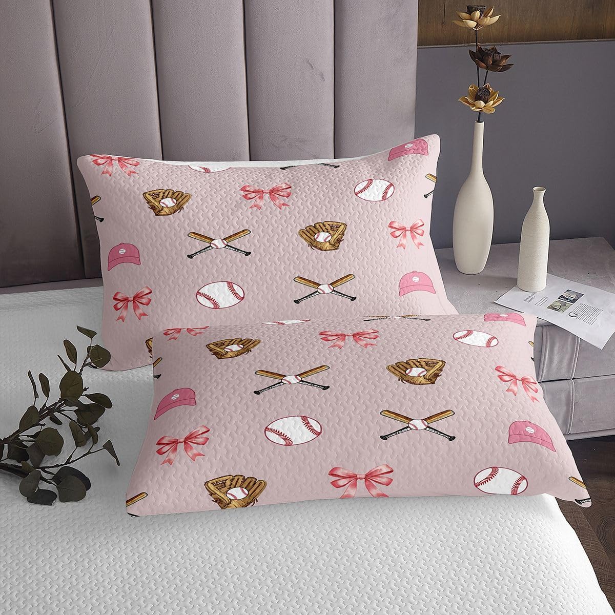 jejeloiu Baseball Girl Bedspread Quilts Pink Bowknot Coverlet Set Twin Size for Kids Boys Girls Sweet Cute Bow Quilted Coverlet for All Season with 1 Pillowcase Baseball Sports Microfiber