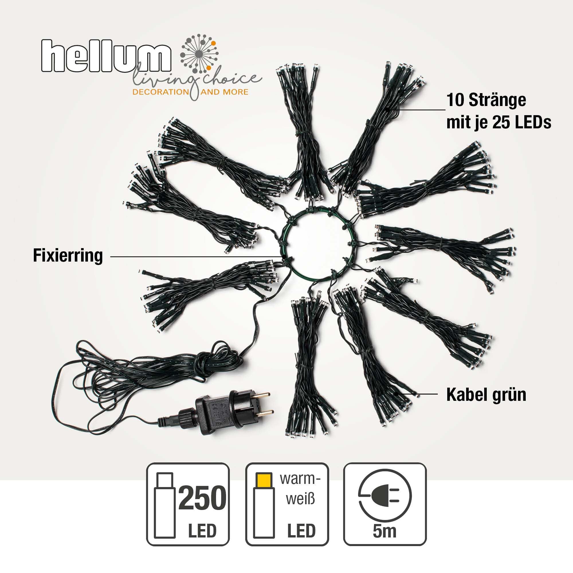 hellum LED Lichterkette Weihnachtsbaum Quick Lights, Weihnachtsbaum Beleuchtung mit Ring und 10 Strängen, 250 LEDs, beleuchtete Länge 2,50m, warmweiß, für außen, Dekorationsbeleuchtung <59 lm 577914