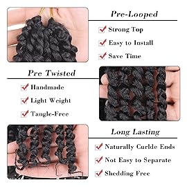 Leeven Pre Twisted Passion Twist Hair 8 Packs 8 Inch Natural Black Pre Looped Crochet Braids Hair Short Bomb Bohemian Braids Synthetic Braiding Hair Extensions for Women 1B