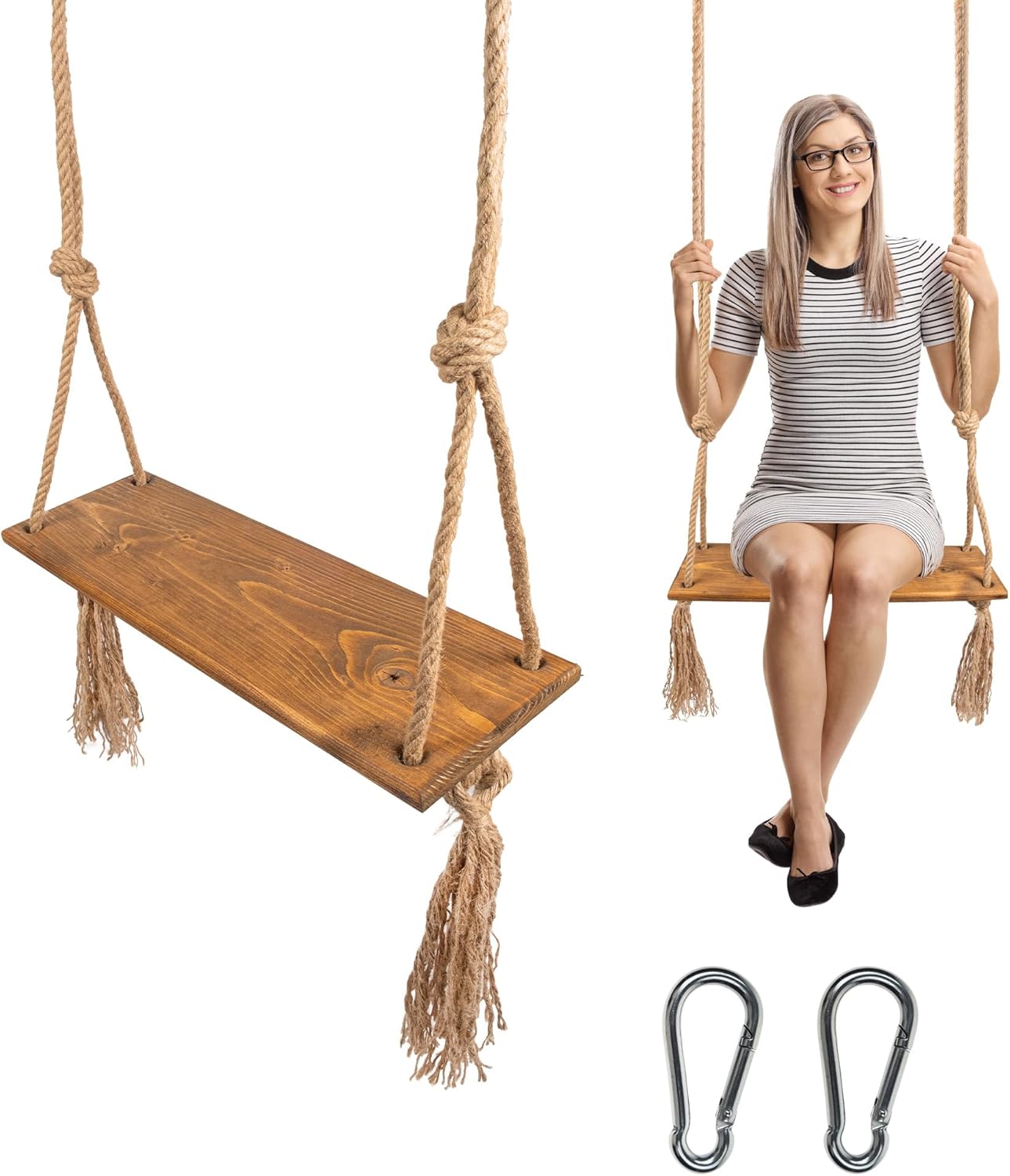 Tree Swing for Adults, Handmade Wooden Swing Seat, Rustic Long Outdoor Swing for Kids, Wooden Bench Swing, Backyard Patip Garden Swing, Jute Rope and Carabiner Included (Wood Type-1)