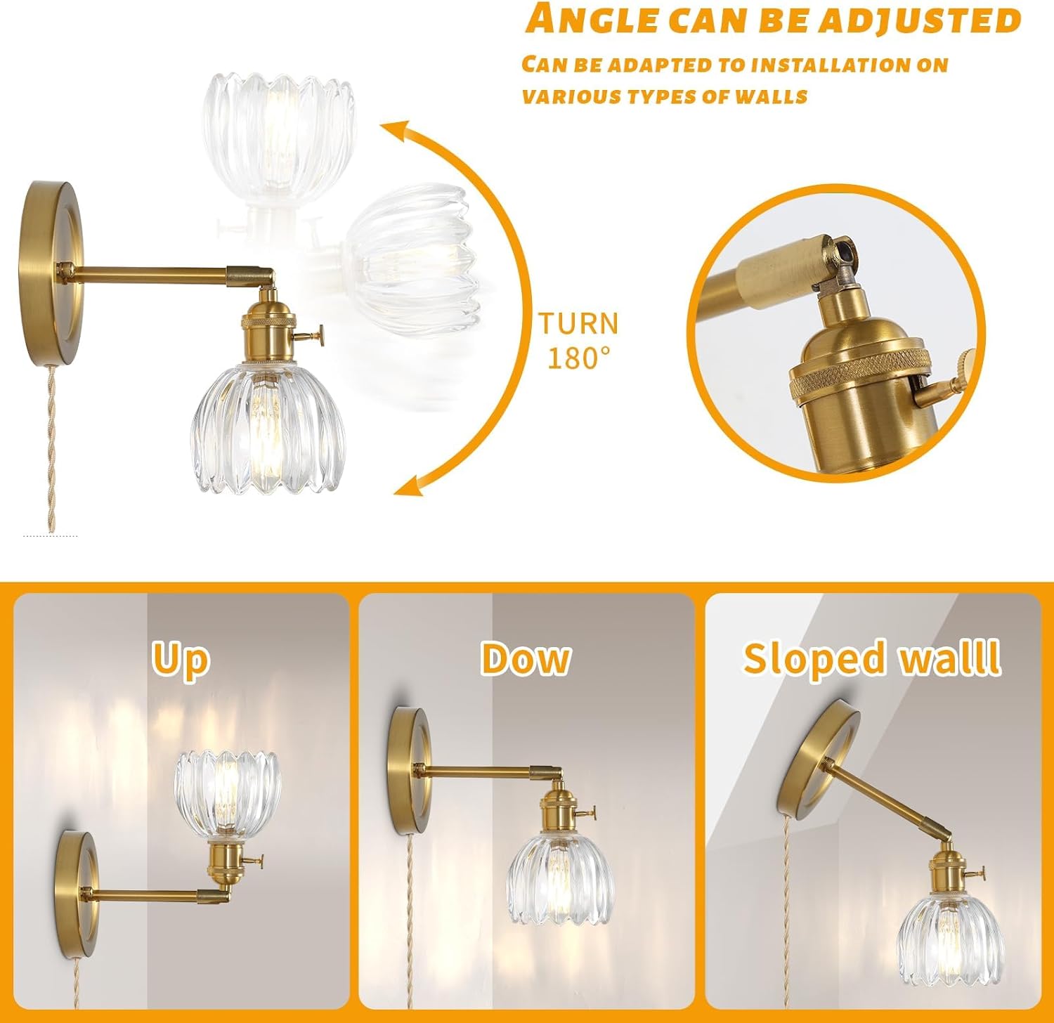 Plug in Wall Sconce, Vintage Wall Light with 5-Inch Tulip Clear Glass Shade, Modern Wall Sconces with Plug in Wall Lamp, Bedside Wall Lamps for Bedroom Bathroom Vanity Living Room