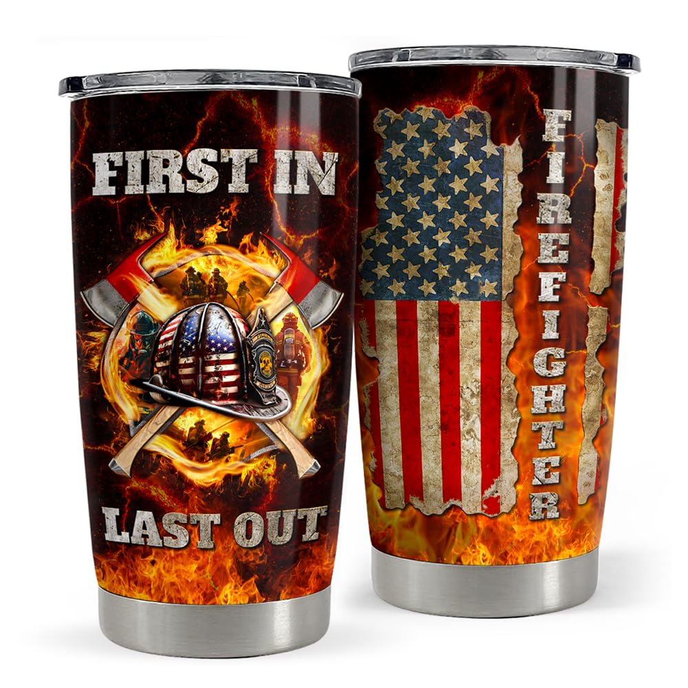 SANDJEST Firefighter Tumbler 20oz Stainless Steel Insulated Coffee Travel Mug Cup for Men Fireman Firefighters Gifts for Birthday Christmas Fathers