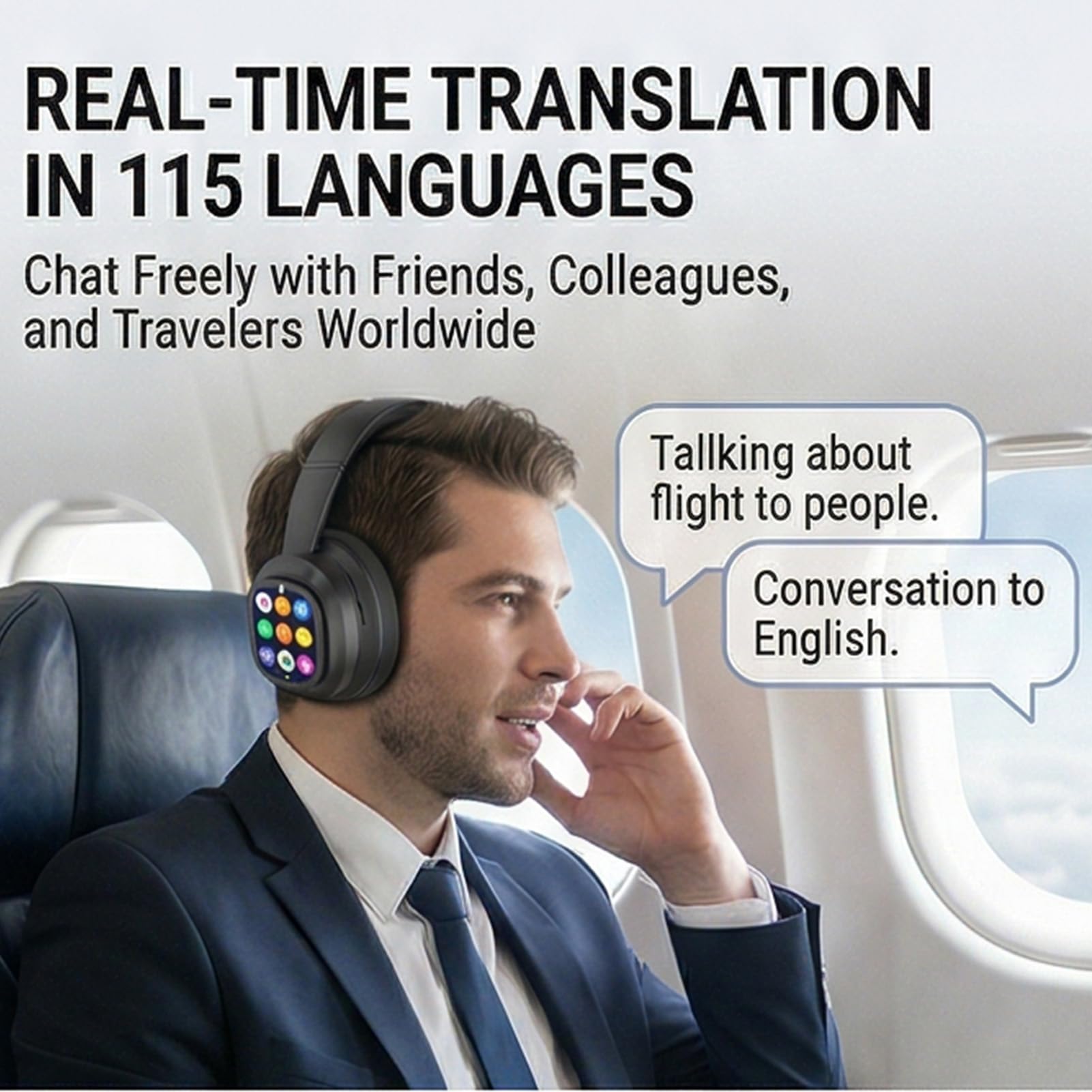 Cuffie Wireless per Traduzione AI Design Pieghevole Portatile per Viaggi D'affari Uso Quotidiano con Schermo Rimovibile per Chat Internazionali, Cancellazione del Rumore Bluetooth 6.0 Torcia