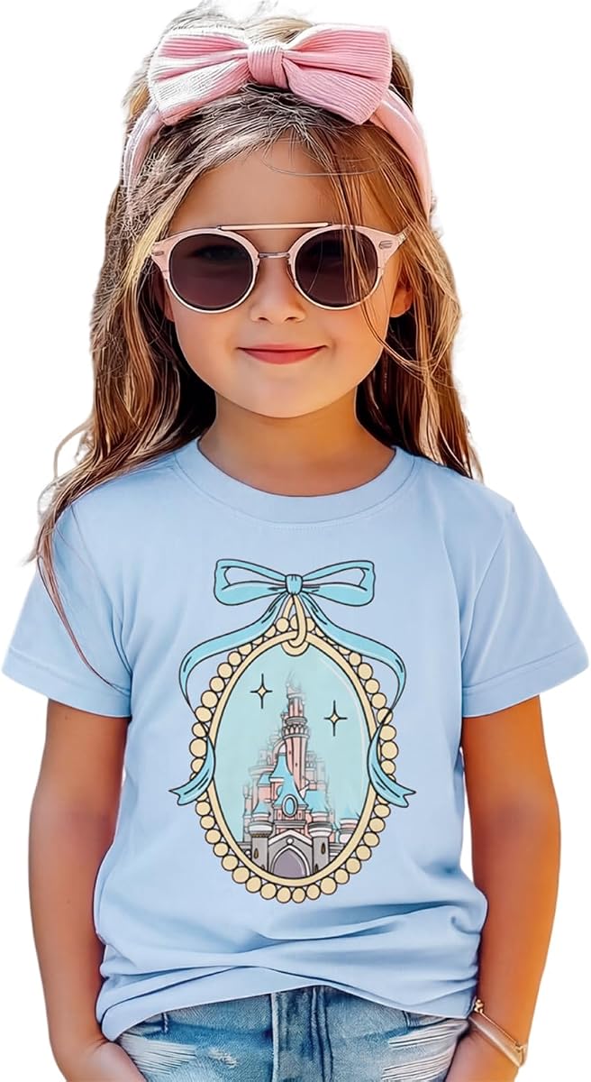 GLIGLITTR Magic Kingdom Castle Shirt for Toddler Girls Coquette Bow Graphic Cute T-Shirt Kids Holiday Vacation Summer Tee Top