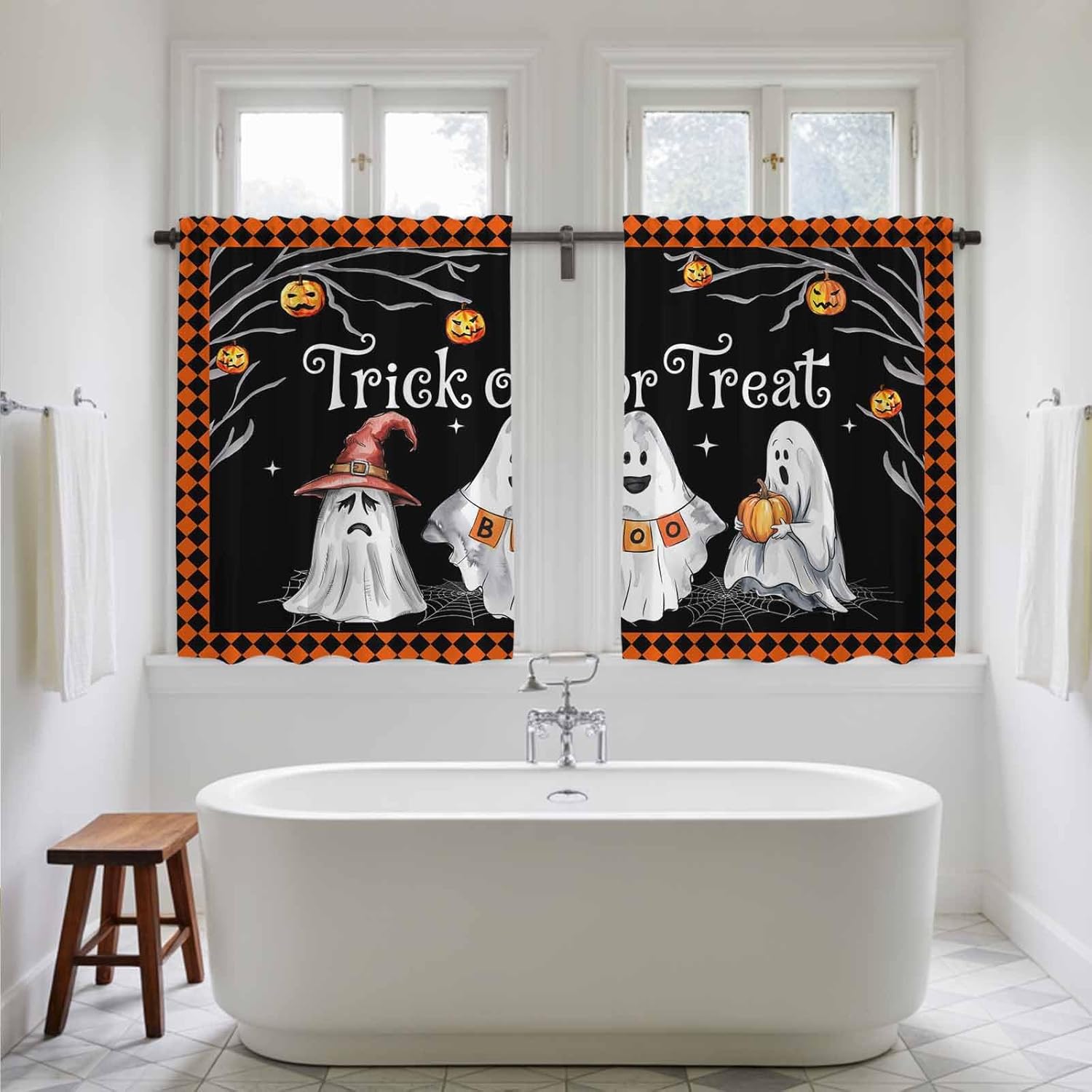 Halloween Ghost Kitchen Curtains 45 Inch Long 2 Panel Set, Rod Pocket Window Treatment, Funny Spooky Pumpkin Orange Plaid Light Filtering Panels Short Drapes for Bathroom Camper 42"W x 45"L