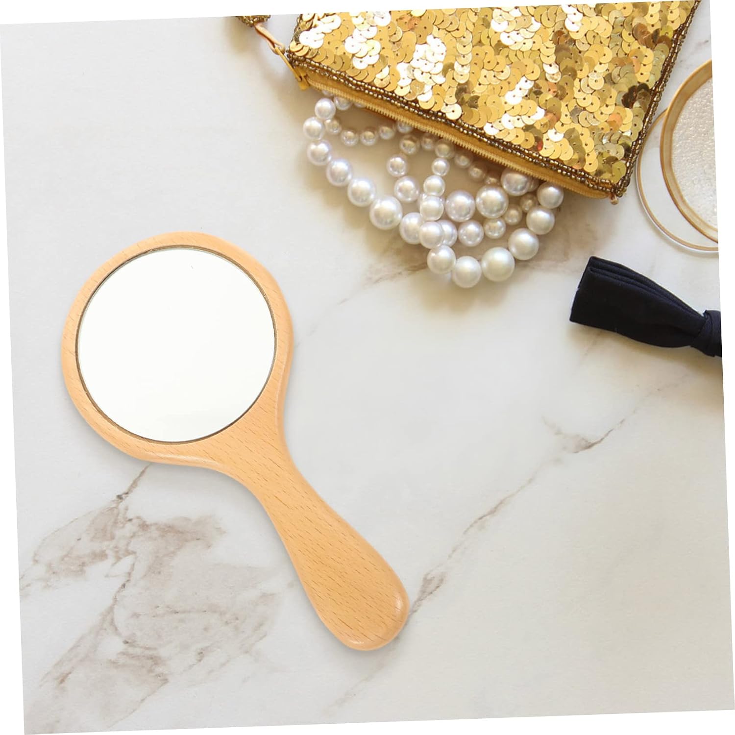 Handheld Wooden Makeup Mirror with Ergonomic Handle Vintage Decorative Cosmetic Mirror for Makeup Vanity Bedroom Bathroom and Travel Premium Safe Material Reflection