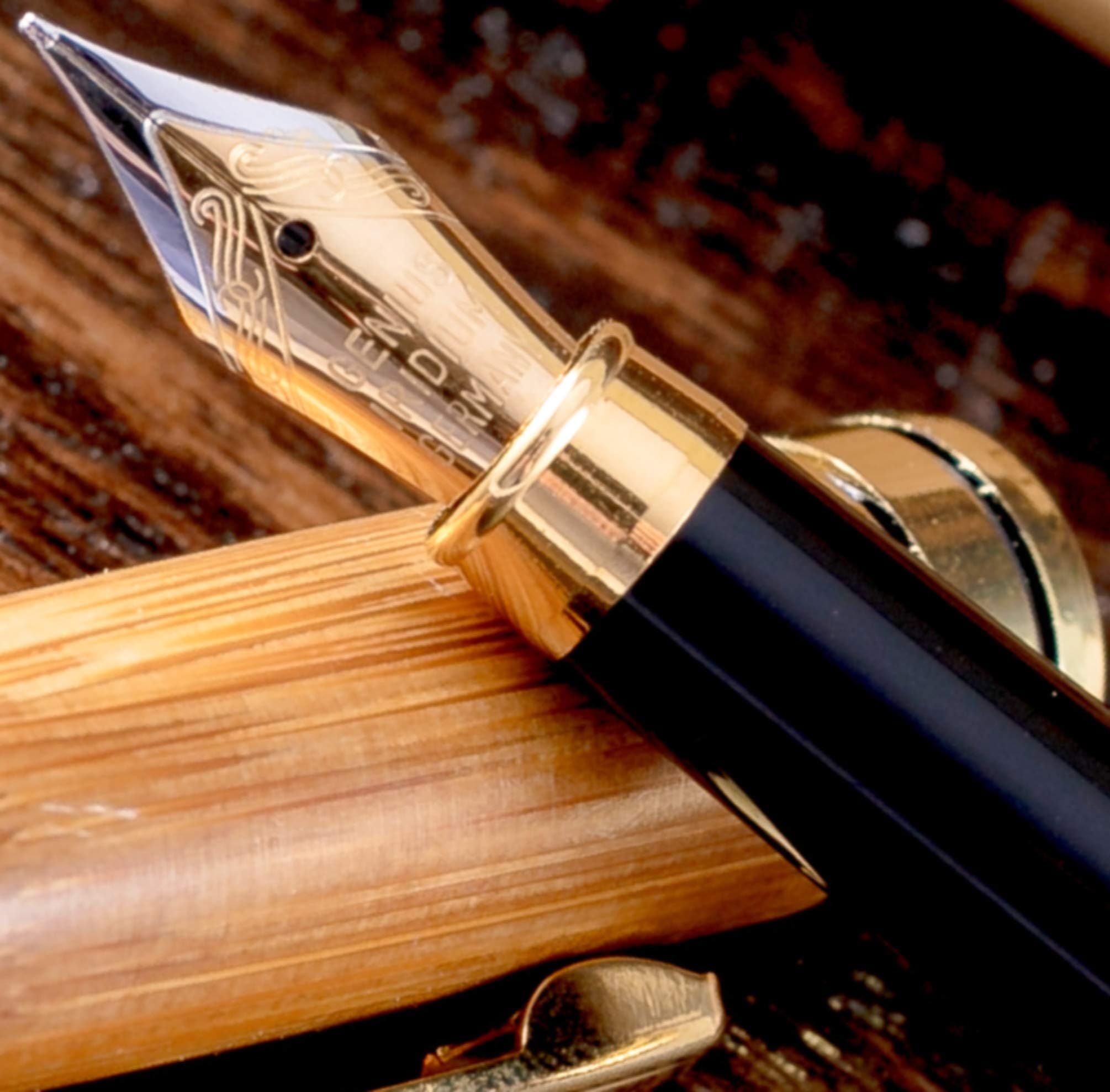 Bamboo Fountain Pen made of Luxury Wood with Refillable Converter, Wooden Case Set and Fine Nib Point. Works Smoothly with Disposable Cartridges. Fine Calligraphy Pen
