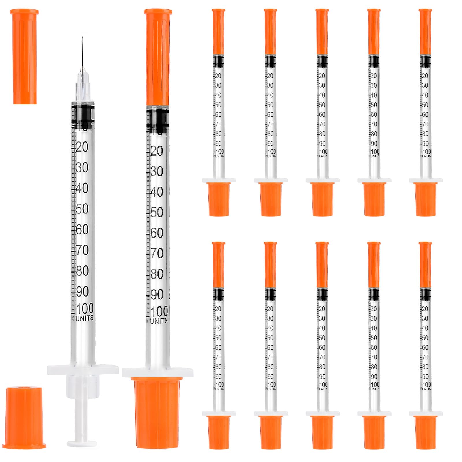 100 Pack U-100 30G 5/16" (8mm) 1 ml/cc Syringes, Orange Cap, 100/box