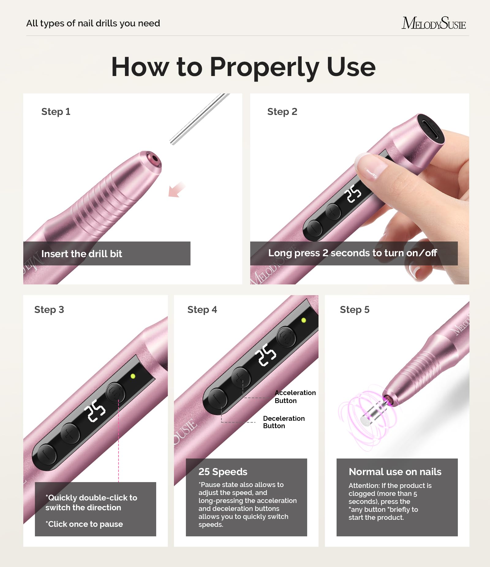 MelodySusie Cordless Nail Drill, PC180G 25,000RPM Rechargeable Electric Nail File with Nail Drill Bits,Sanding Bands