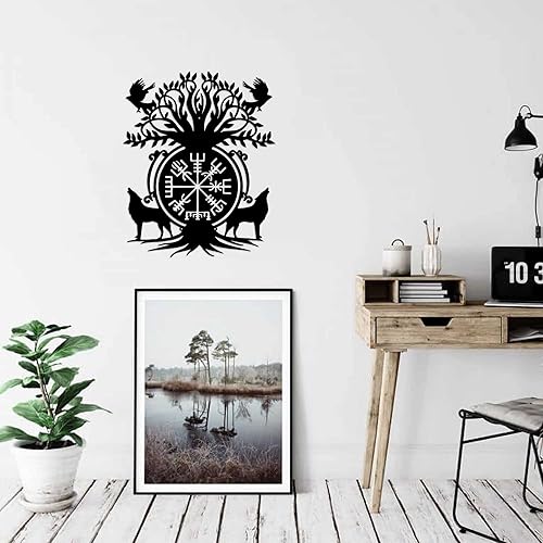 Miniatura 2 de Viking Yggdrasil - Letrero de metal con diseño de lobo vikingo Fenrir y árbol de la vida, decoración nórdica