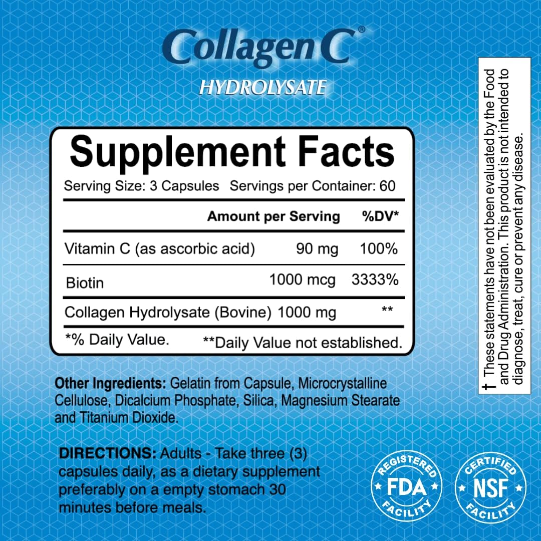 CollagenC - Collagen Hydrolysate Capsules with Biotin By Alfa Vitamins - Anti-Aging Nutritional Supplement for - Skin, Nails & Hair Rejuvenation - Supports Bone & Muscle Health - Made In USA - 180 Capsules