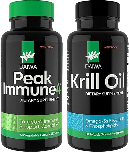 Daiwa Peak Immune 4 - Potenciador natural del sistema inmunológico + aceite de krill Daiwa - Cápsulas de aceite de krill Omega 3