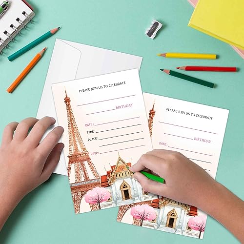 Miniatura 5 de WUINCK Tarjetas de invitación para fiesta de cumpleaños de París, invitaciones de fiesta de la Torre Eiffel para niños, niños y niñas, suministros