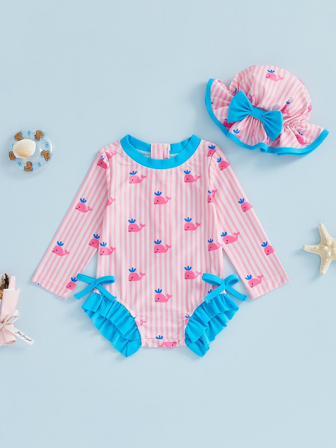 Newborn Baby Girl Swimsuit Whale Print Bathing Suit One Piece Ruffle Long Sleeve Baby Swim Suit Infant Swimwear - Image 3